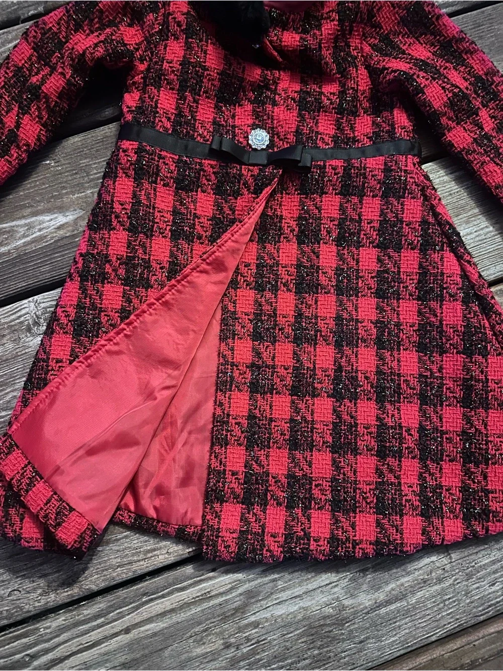 Blueberi Boulevard Black Faux Fur Collar Coat and dress with Red Lining